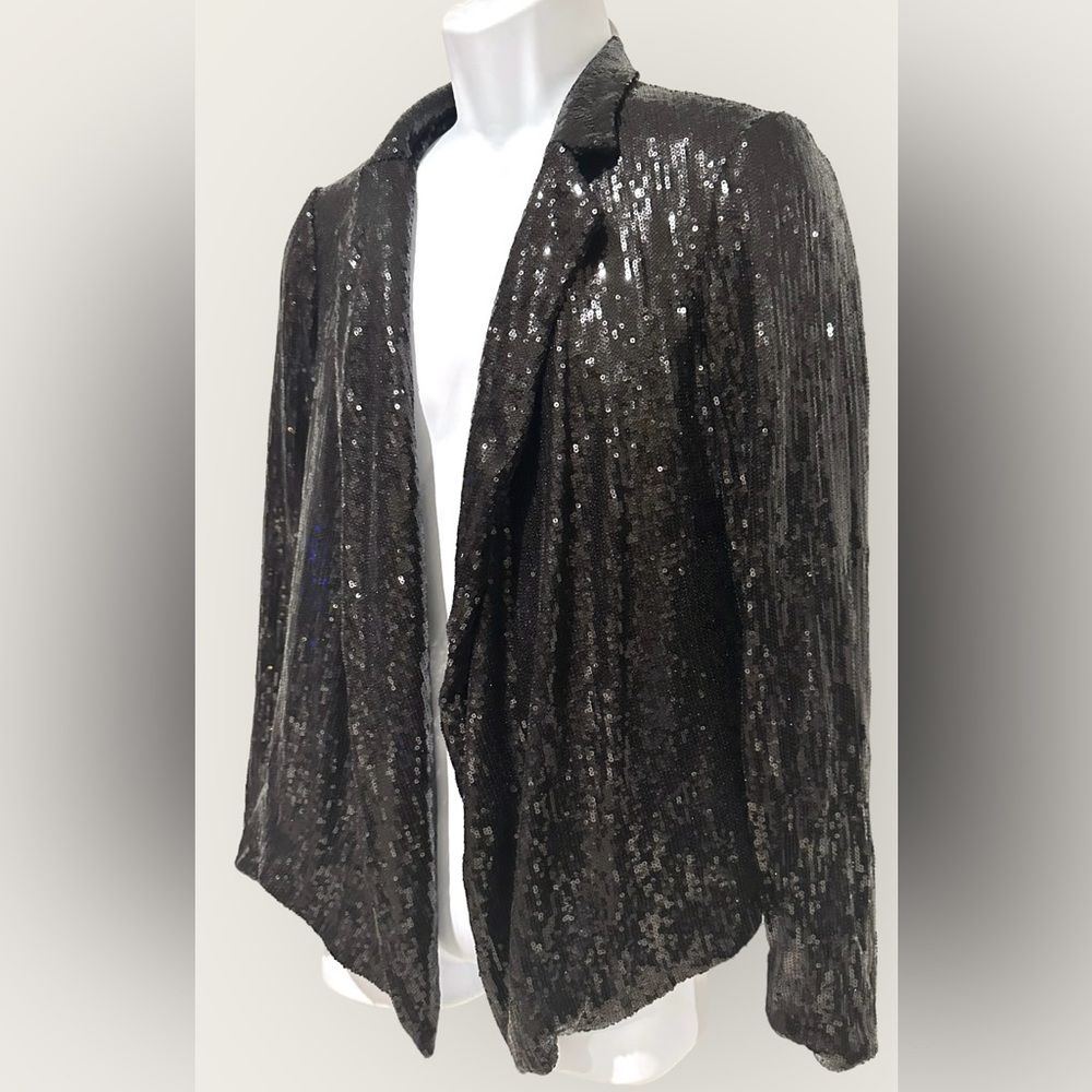 Carmen Marc Valvo Womens Jacket open Black Sequin Lined‎ Drape Collar L